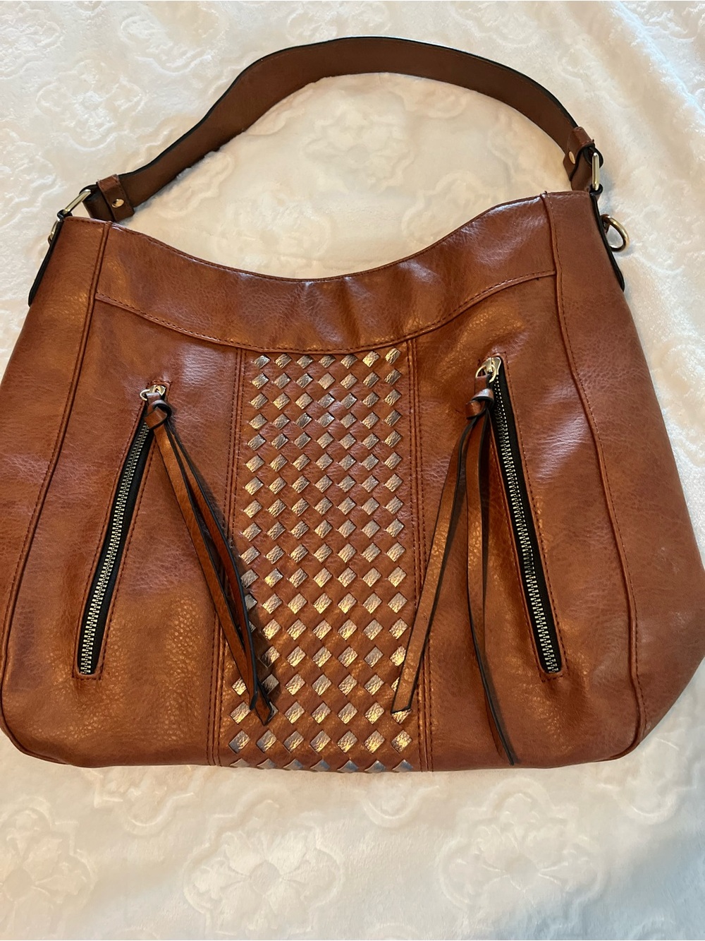 Tan Woven Front Shoulder Bag with Metallic Accents